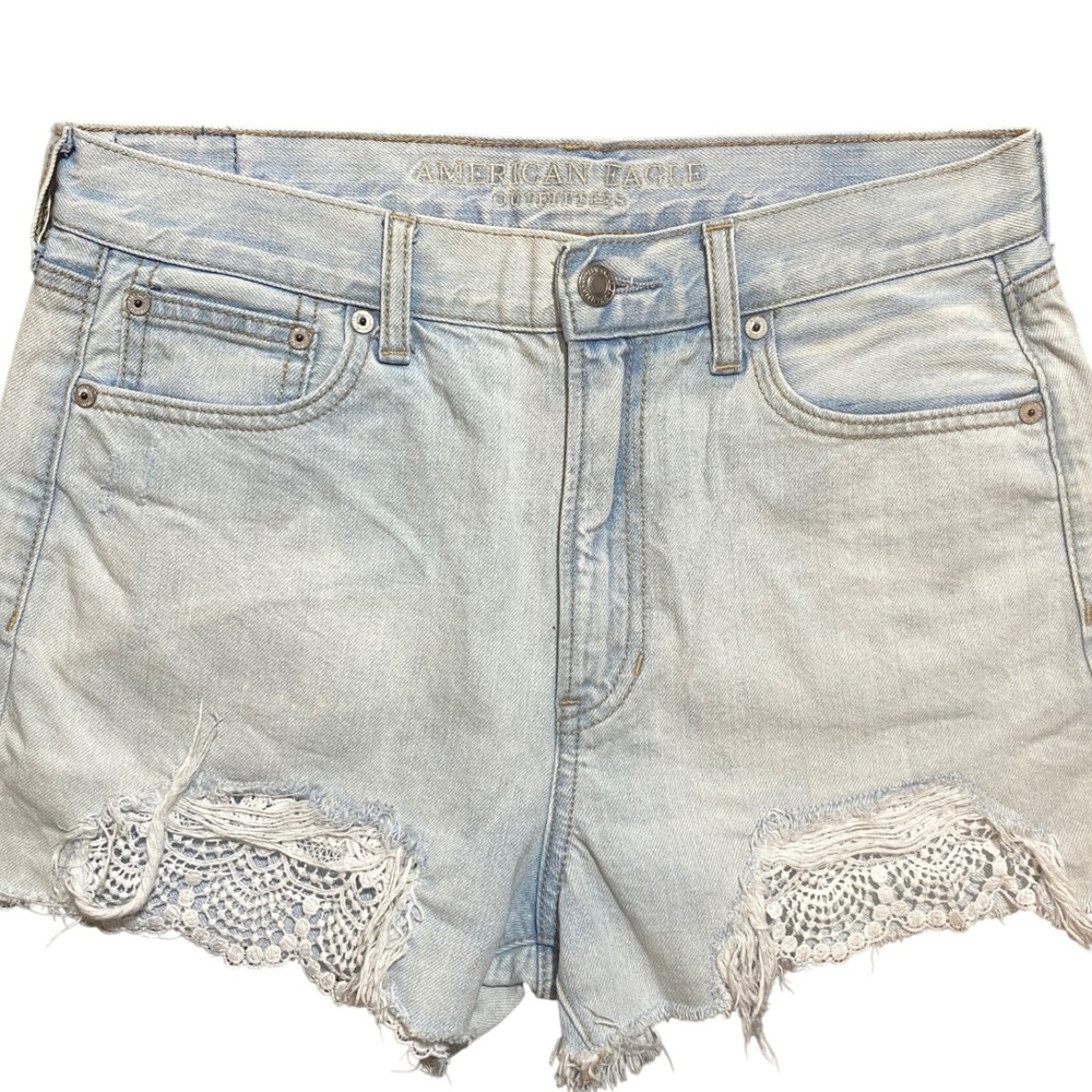 American Eagle Light Wash Crochet Lace Inset Shorts‎ High Rise Womens Size 8
